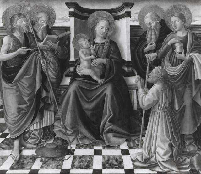 Sotheby's — Machiavelli Zanobi - sec. XV - Madonna con Bambino in trono tra san Giovanni Battista, san Girolamo, sant'Antonio Abate, santa Maria Maddalena e donatore — insieme